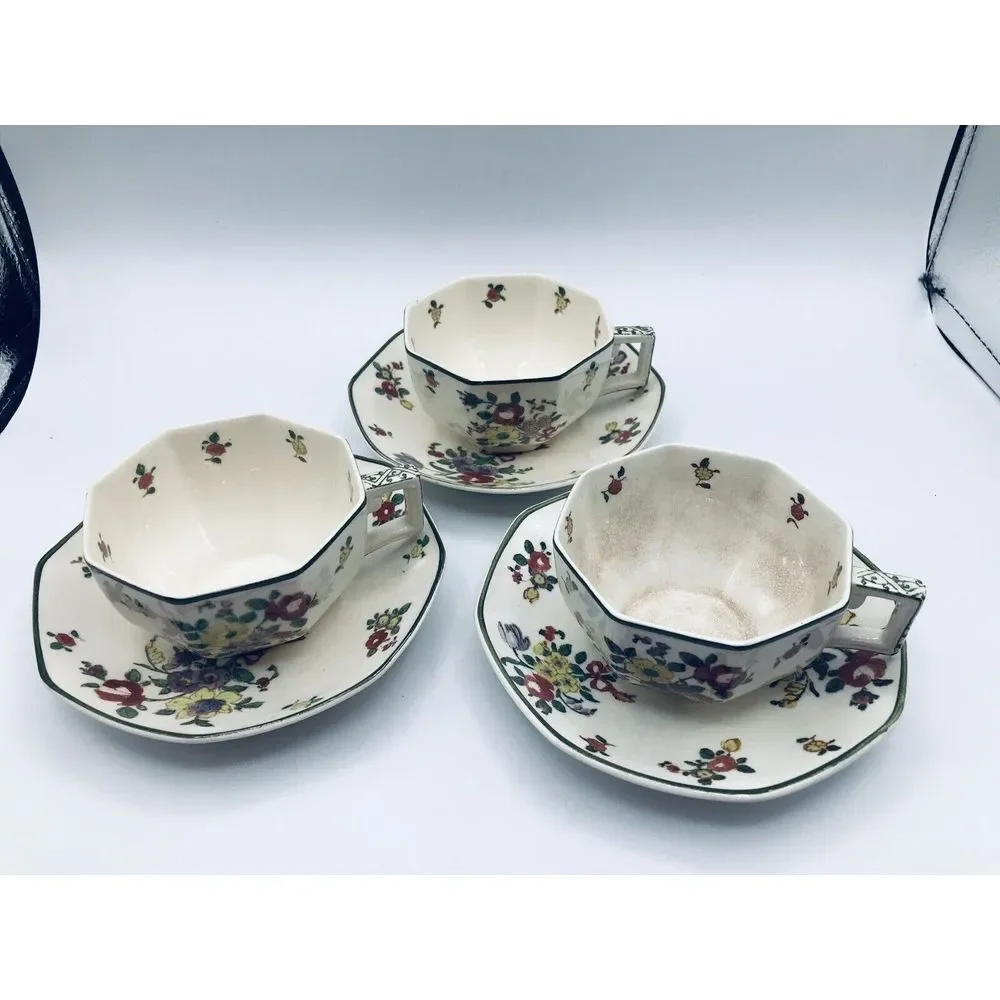 Royal Doulton Old Leeds Sprays D3548‎ 3Cups & 3 Saucers England 1920s